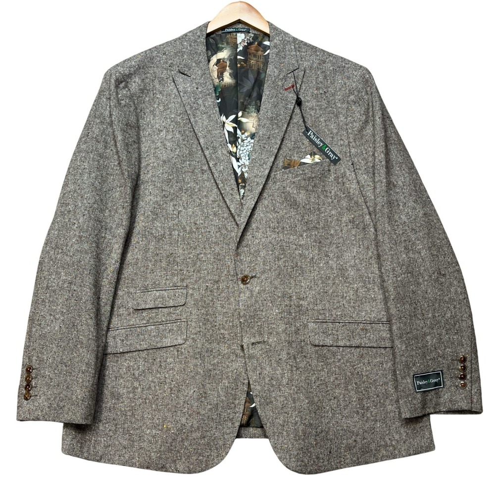Paisley & Gray Blazer Men 54R Brown Donegal Tweed Slim Peak Lapel Floral Lining